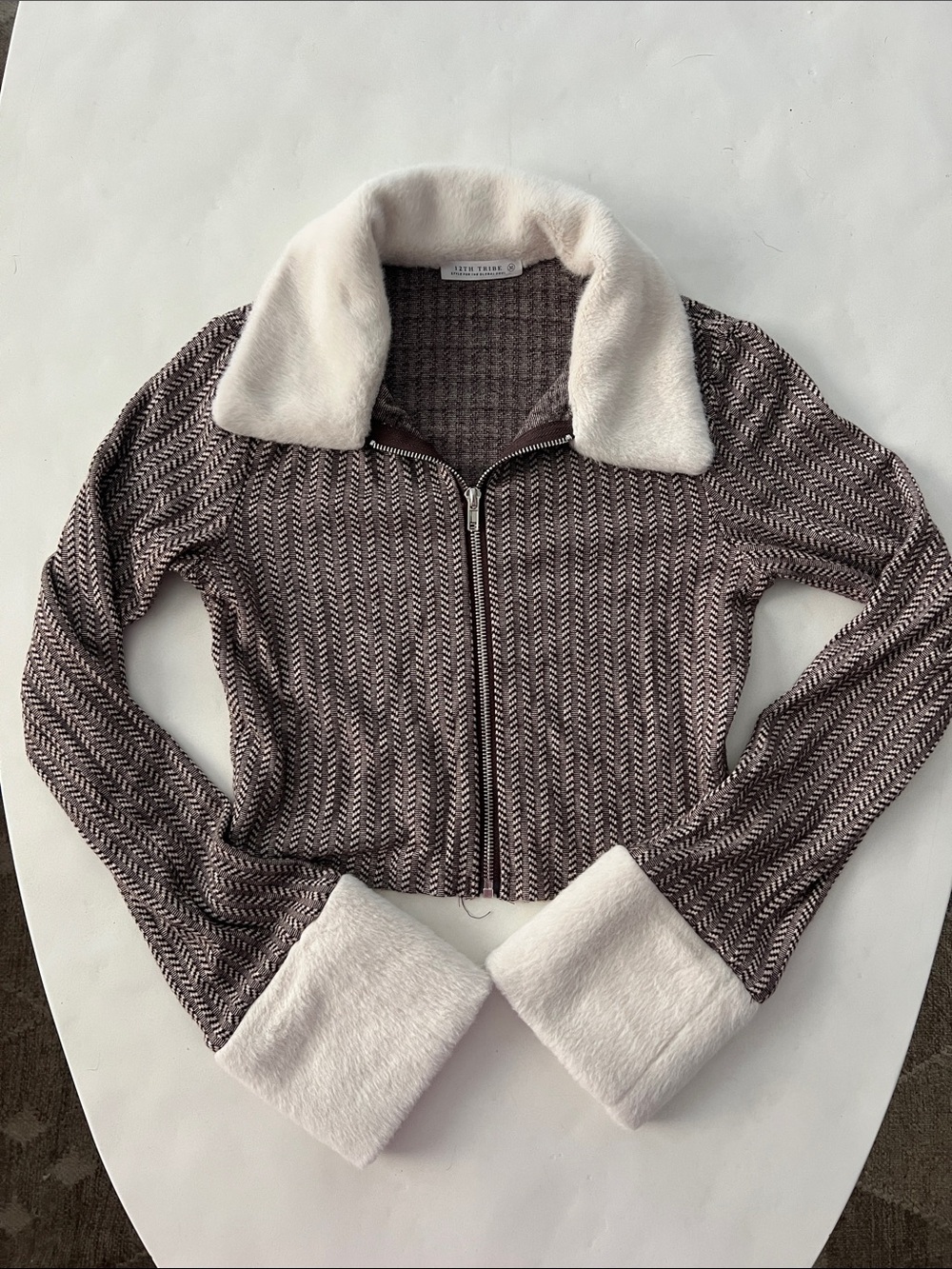12th Tribe Shay Brown Faux Fur Collared Zip Up Sweater Medium